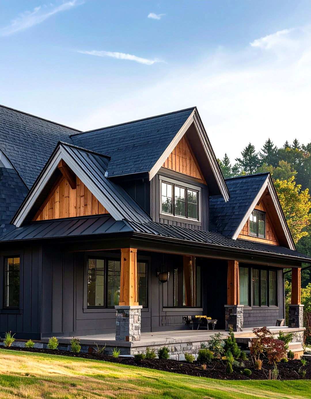 Cedar Gable Trim Crowns the Shadowy Roofline - 20 Black House With Cedar Accents