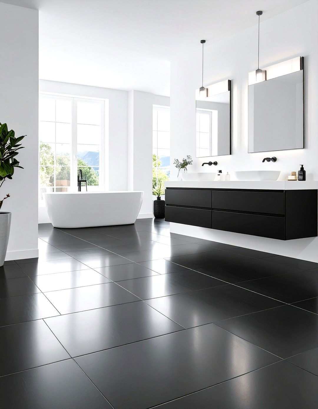 Charcoal Grout for a Seamless Black Floor Bathroom - 20 Black Floor Bathroom With White Walls Ideas