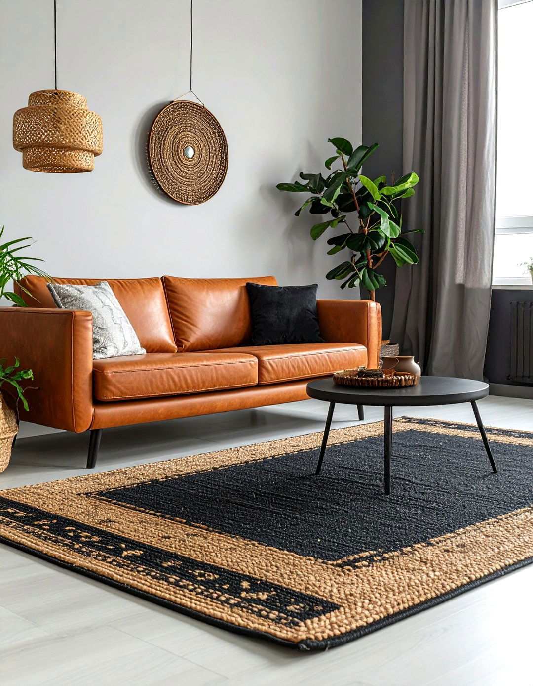 Charcoal Rug Anchoring Cognac Leather Seating - 20 Black and Brown Interior Design Ideas