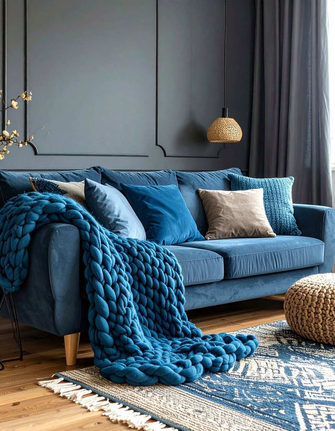 Charcoal Walls Softened by Sky Blue Textiles - 20 Black and Blue Living Room Ideas