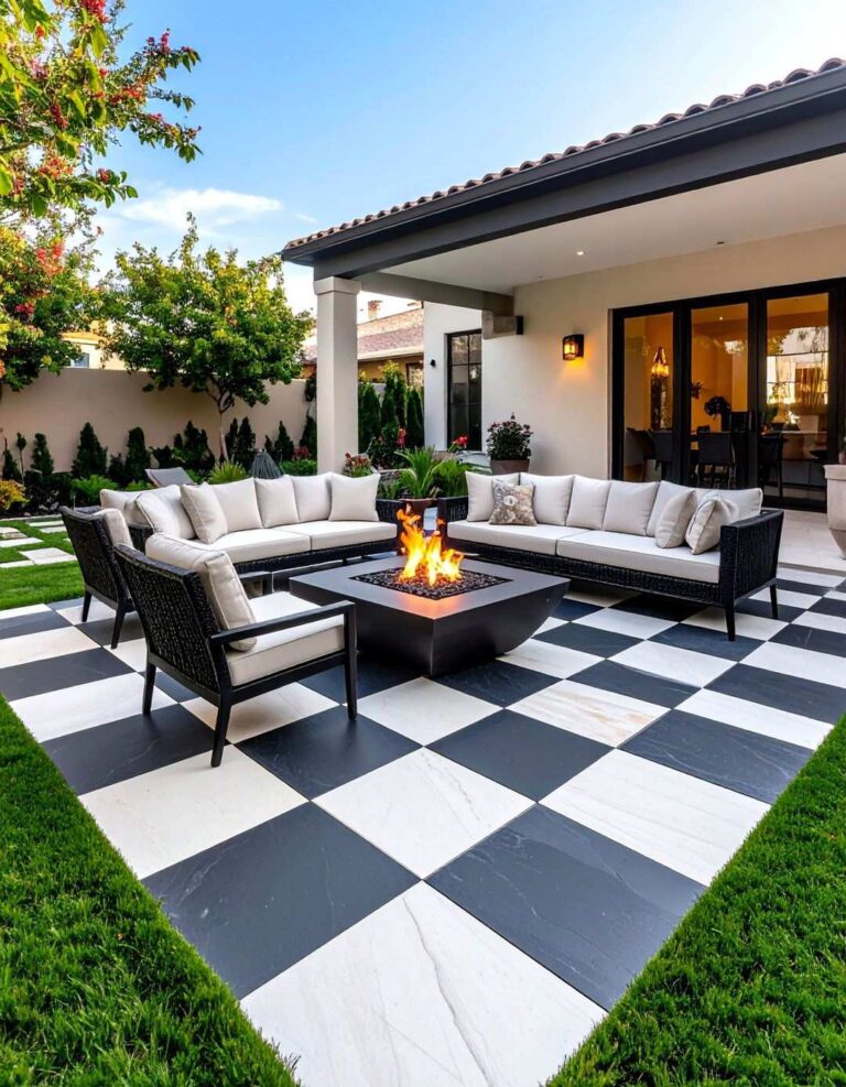 Checkerboard Paver Black and White Patio Floor - 20 Black and White Patio Ideas