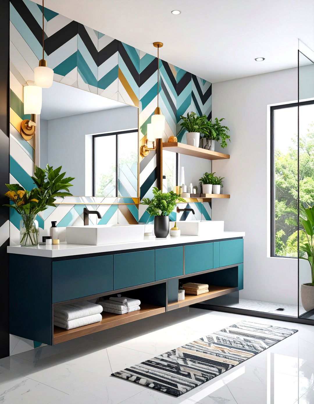 Chevron Porcelain Feature Niche - 20 Black and White Bathroom Tile Ideas