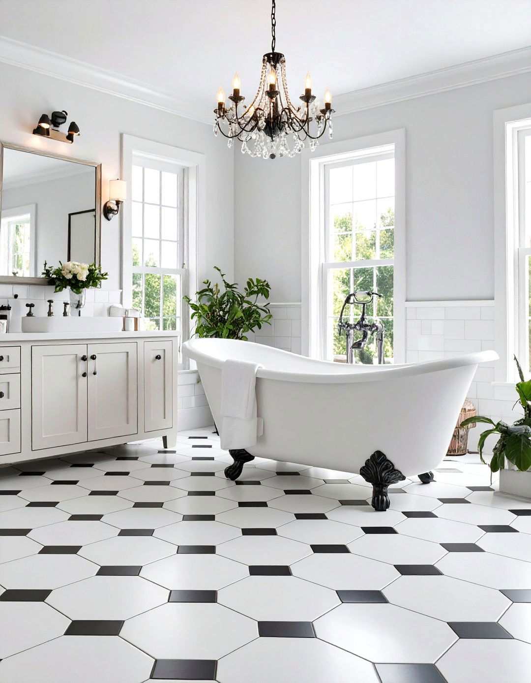 Classic Black and White Bathroom With Hexagon Tile Floor - 20 Bathrooms With Hexagon Tile Floors