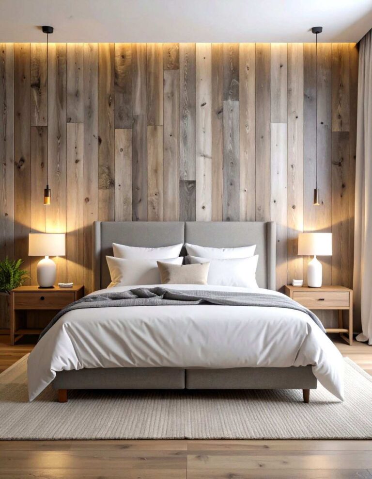 Classic Vertical Barnwood Bedroom Feature Wall - 20 Barnwood Accent Wall Ideas
