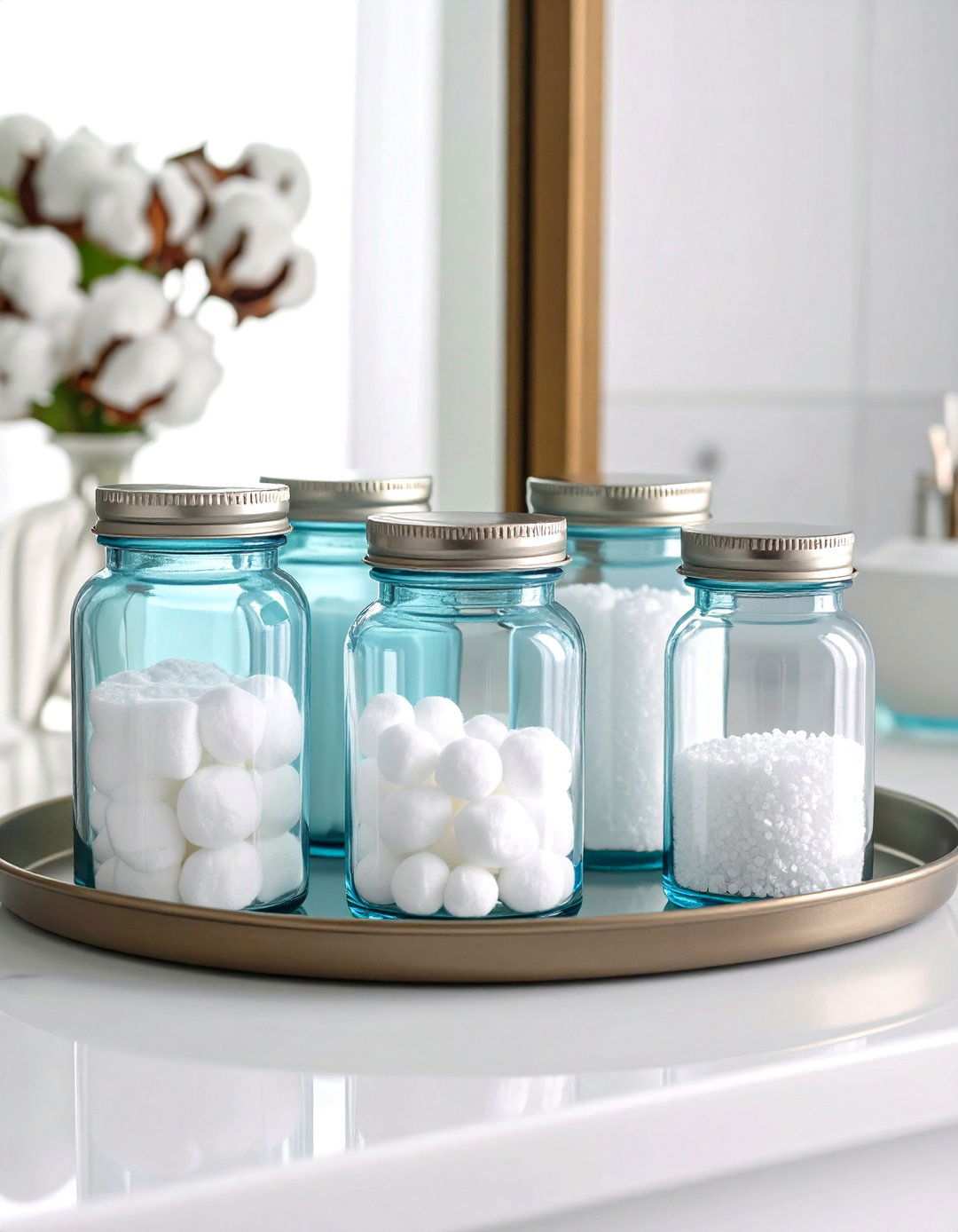 Clear Apothecary Jars Display Visible Bathroom Storage - 20 Bathroom Storage Ideas