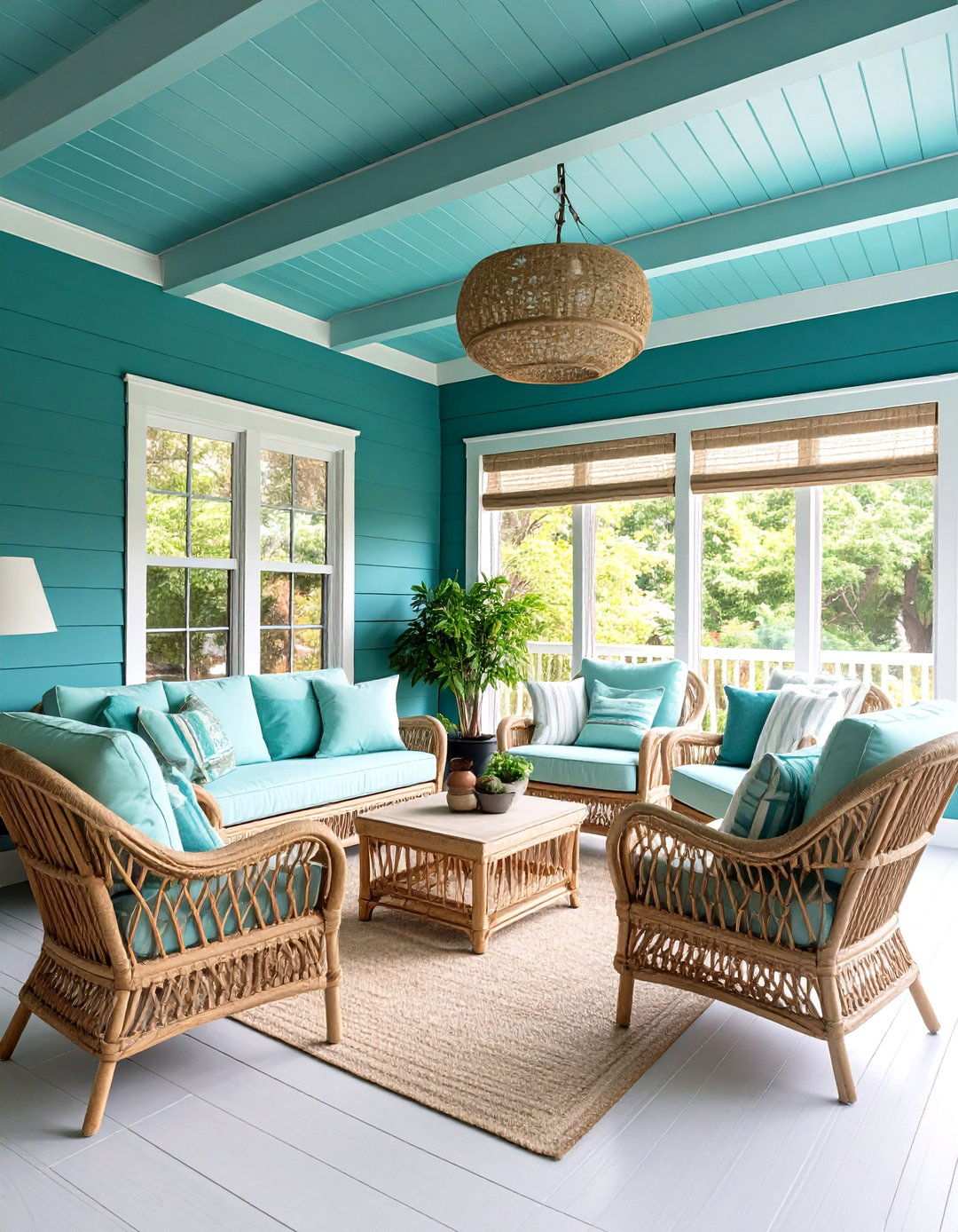 Coastal Aqua Beadboard Sunroom - 20 Beadboard Wall Ideas
