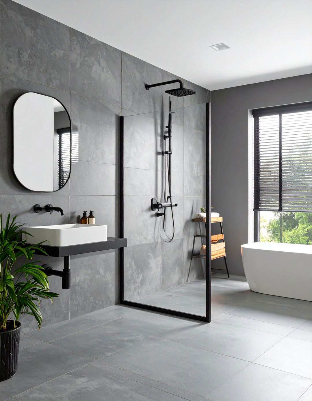 Concrete Look Grey Walls and Black Industrial Details - 20 Black and Grey Bathroom Ideas