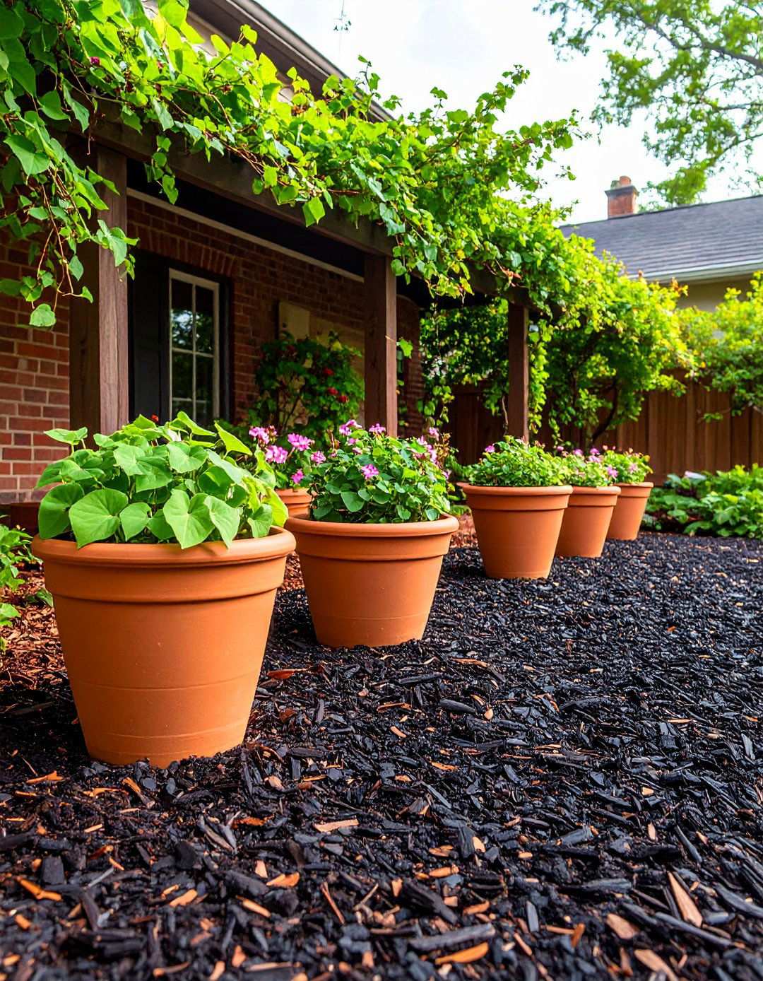 Container Cluster Courtyard Set on Black Mulch Carpet - 20 Black Mulch Landscaping Ideas