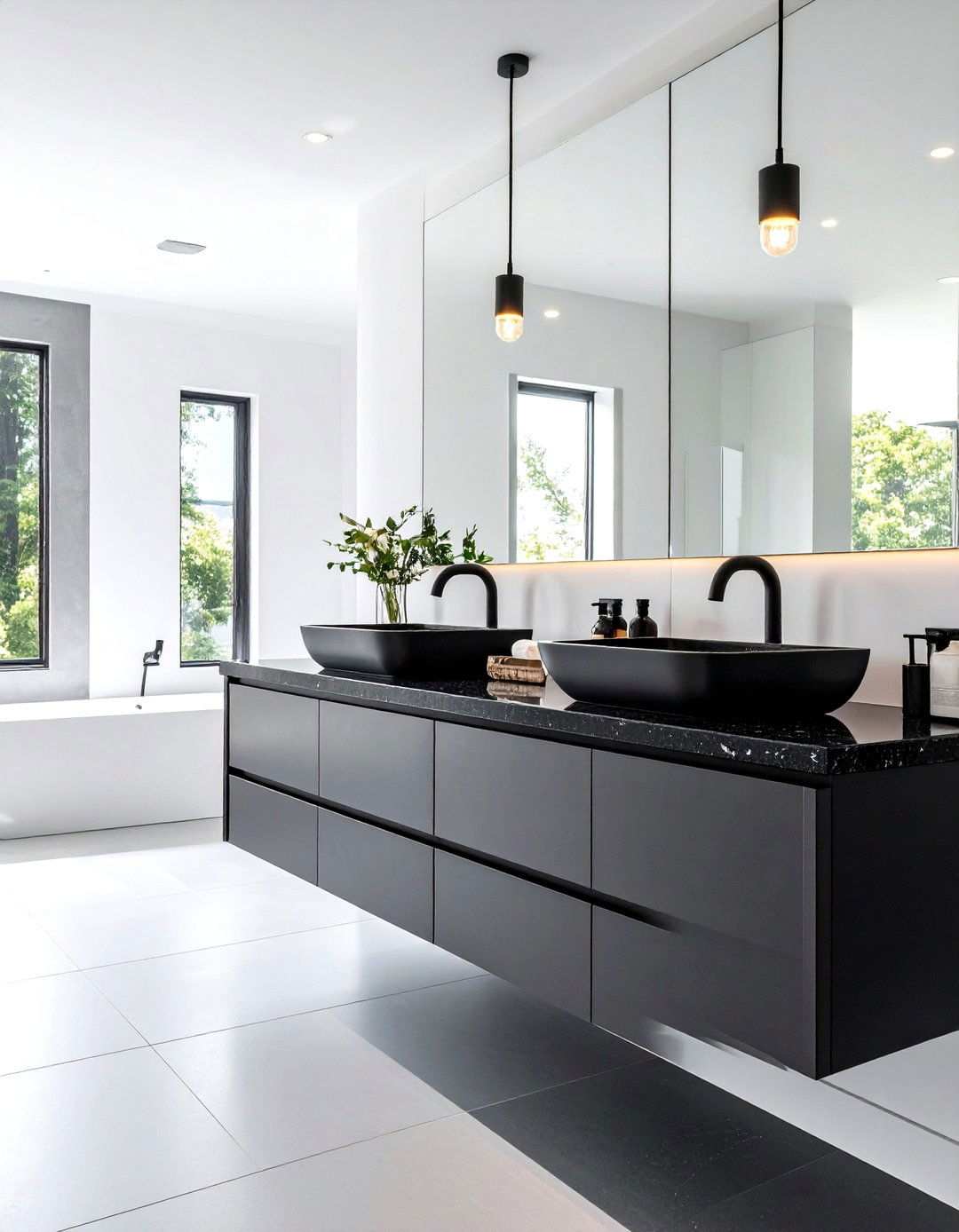 Contemporary Bathroom with Black Countertops and Matte Black Fixtures - 20 bathroom with black countertops ideas
