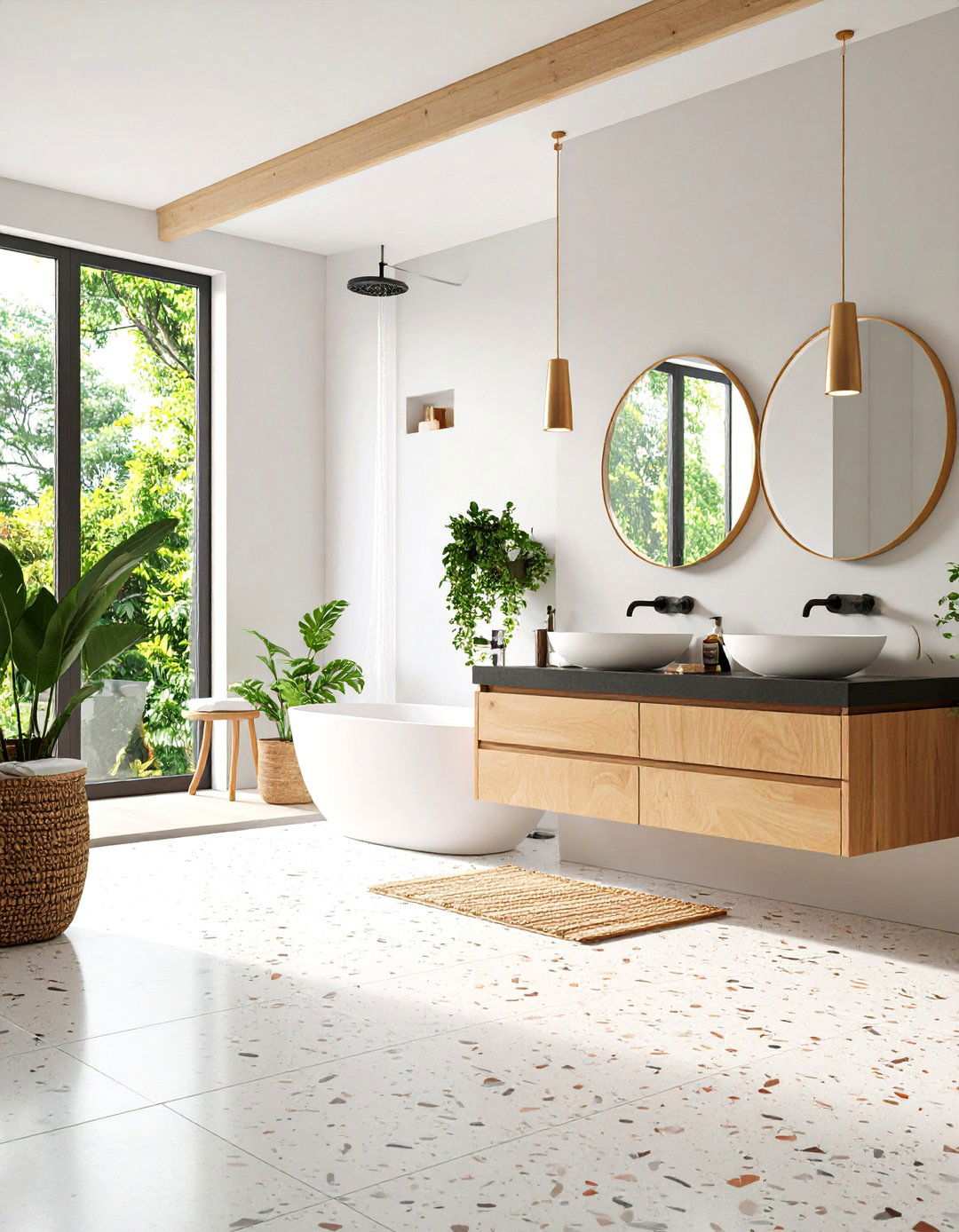 Contemporary Bathroom with Black Countertops and Terrazzo Floors - 20 bathroom with black countertops ideas