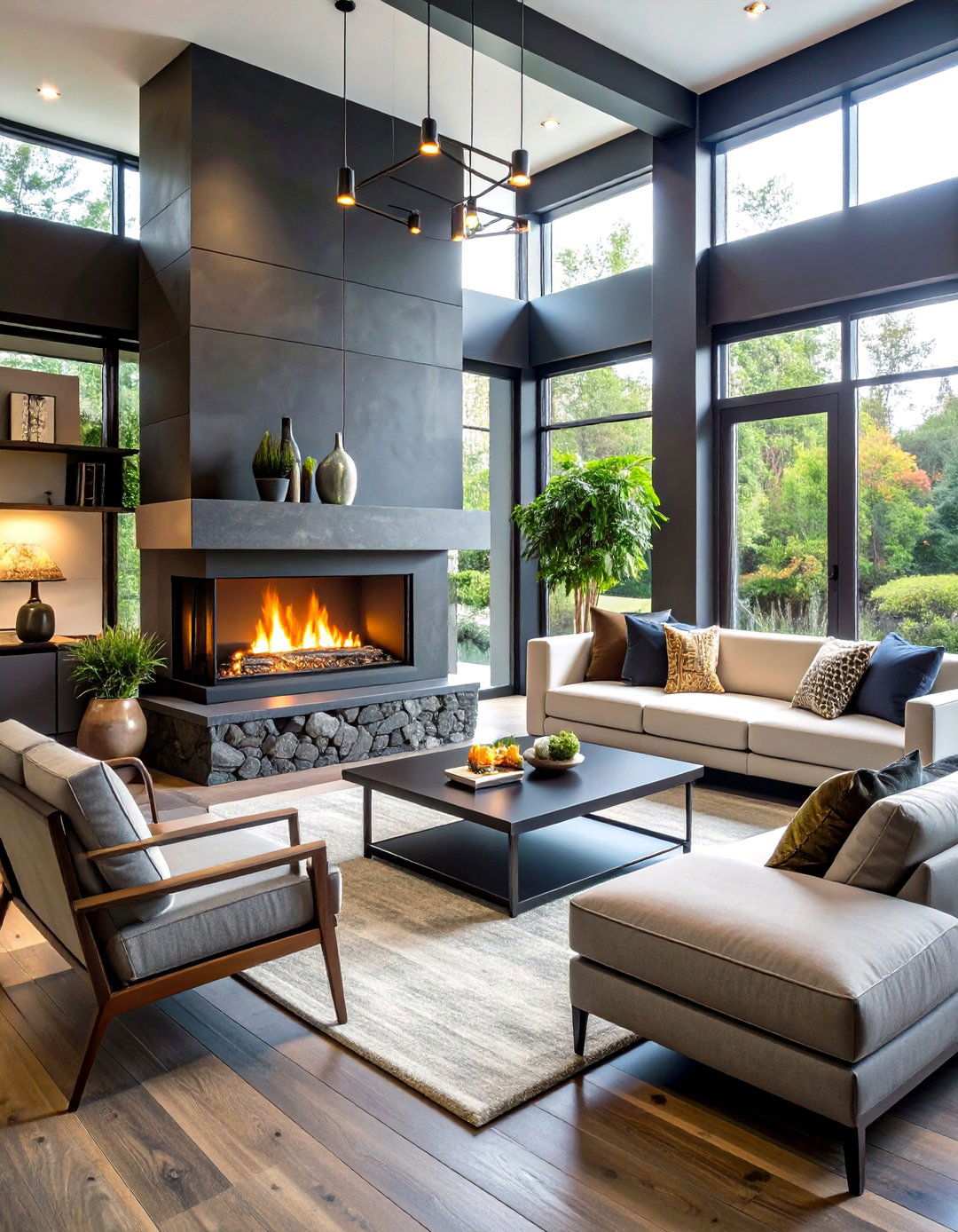 Contemporary River Rock Fireplace with Steel Accents - 20 River Rock Fireplace Ideas