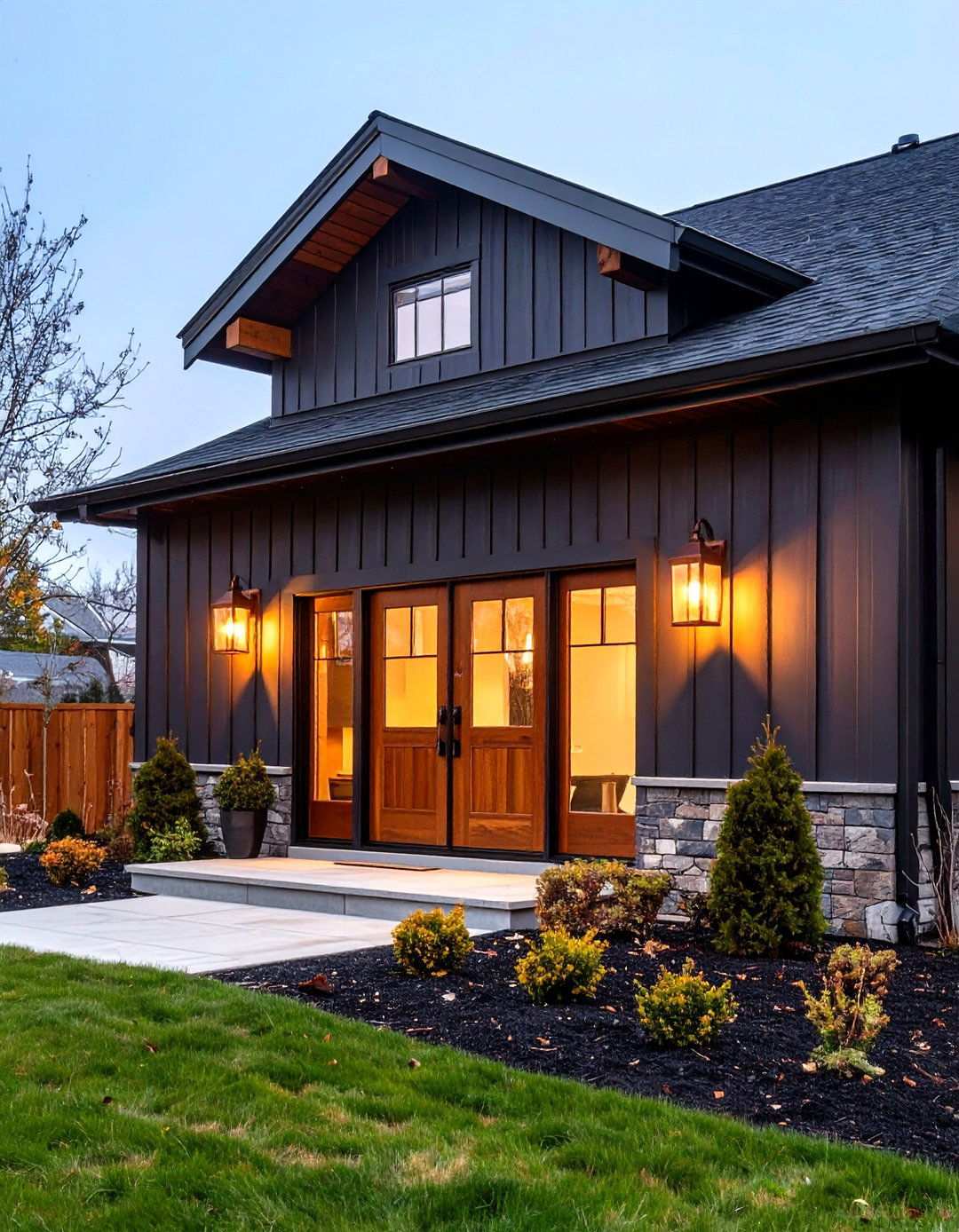Copper Gooseneck Lighting Against Black Siding - 20 Black Modern Farmhouse Exterior Design Ideas