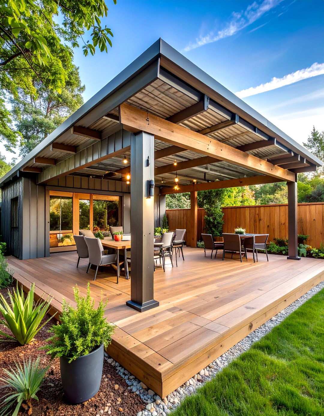 Corrugated Metal Attached Covered Patio with Industrial Style - 20 Attached Covered Patio Ideas