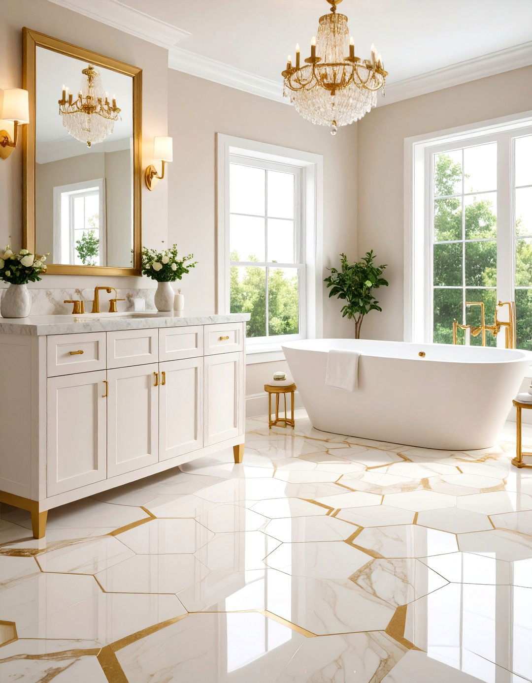 Cream and Gold Bathroom With Hexagon Tile Floor - 20 Bathrooms With Hexagon Tile Floors