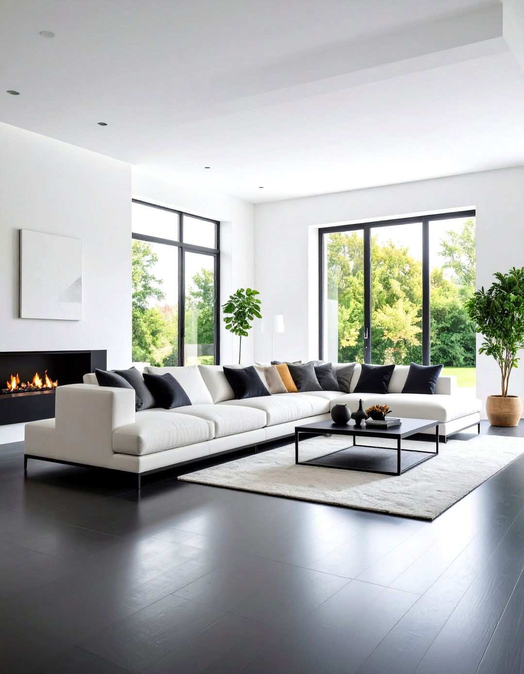 Crisp White Contrast Against a Black Floor - 20 Black Floor Living Room Ideas