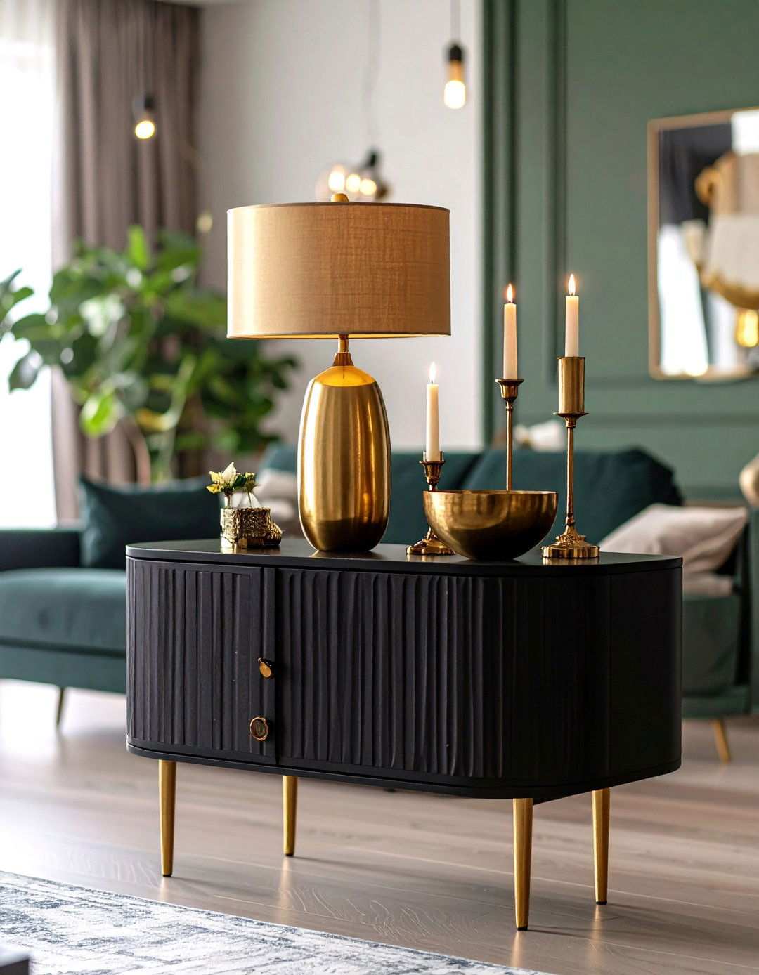 Curated Gold Accessories on Black Console - 20 Black and Gold Living Room Ideas