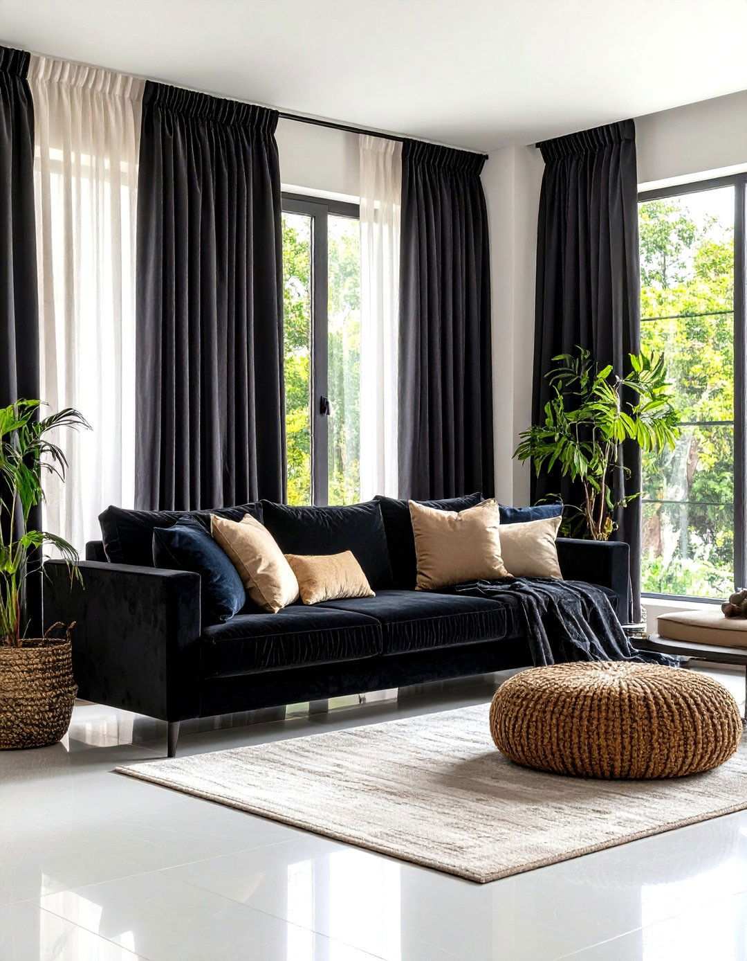 Curtain Strategies to Frame a Black Couch - 20 Black Couch Living Room Ideas