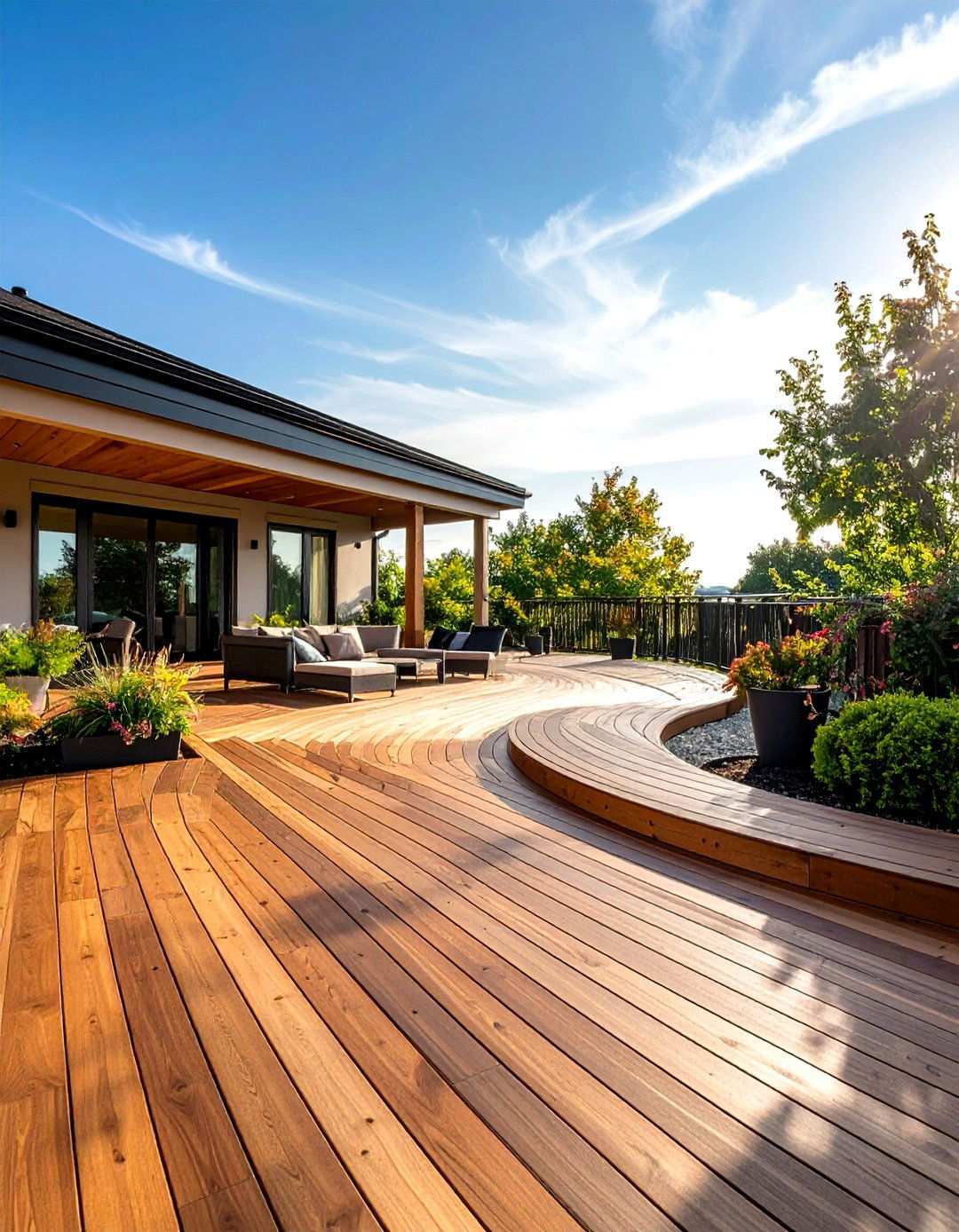 Curved Deck Design with Herringbone Pattern - 20 Backyard Deck Ideas