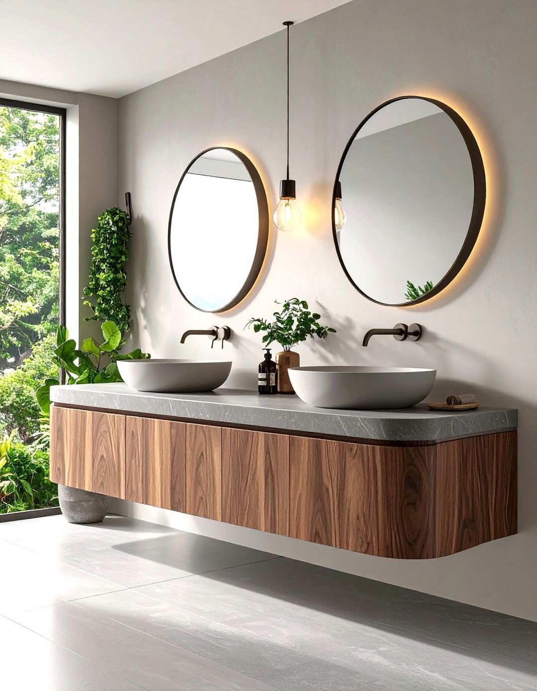 Curved Edge Bathroom Countertop in Warm Gray Quartz - 20 Bathroom Countertop Ideas