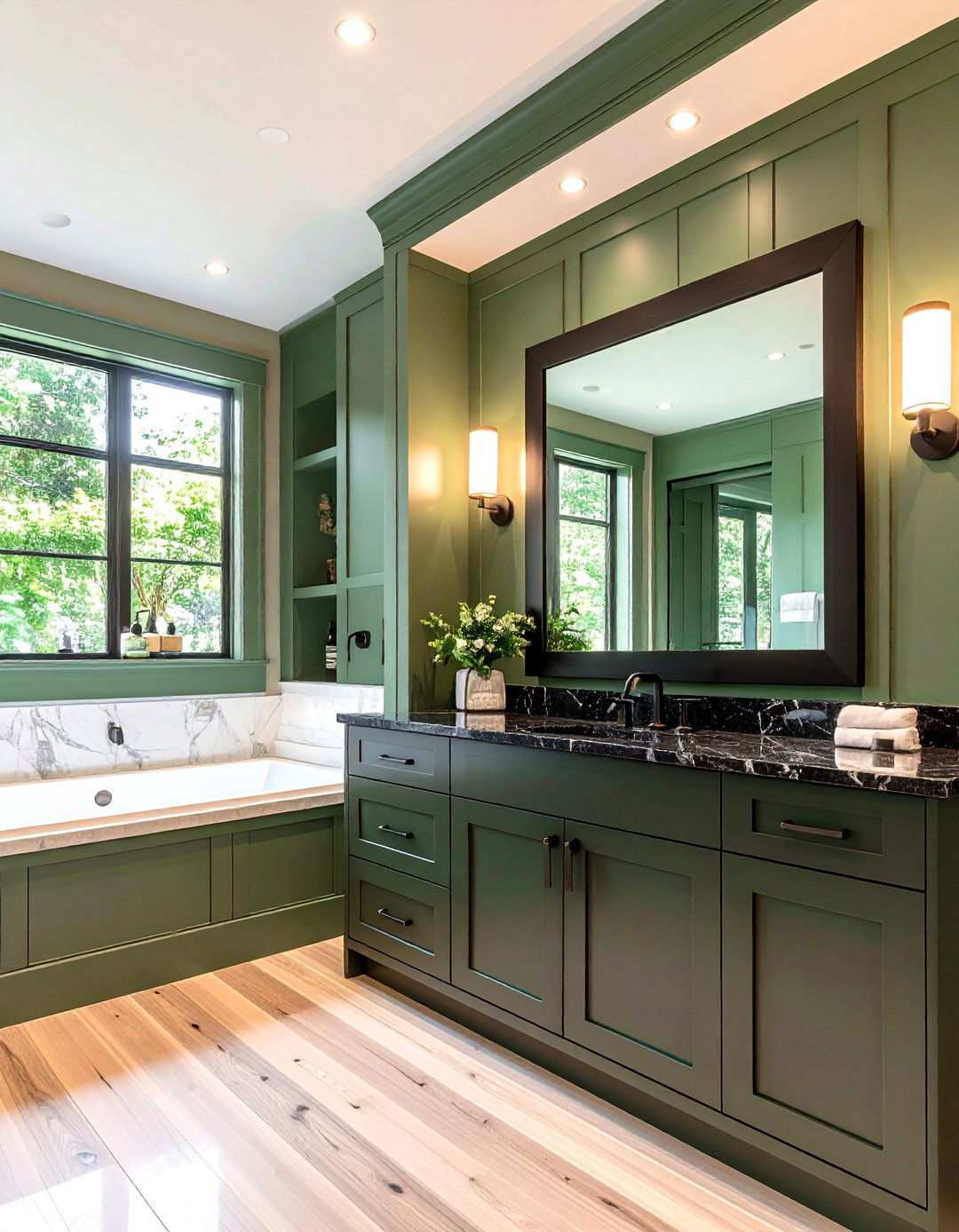 Deep Green Paneling with Black Marble Vanity - 20 Black and Green Bathroom Ideas