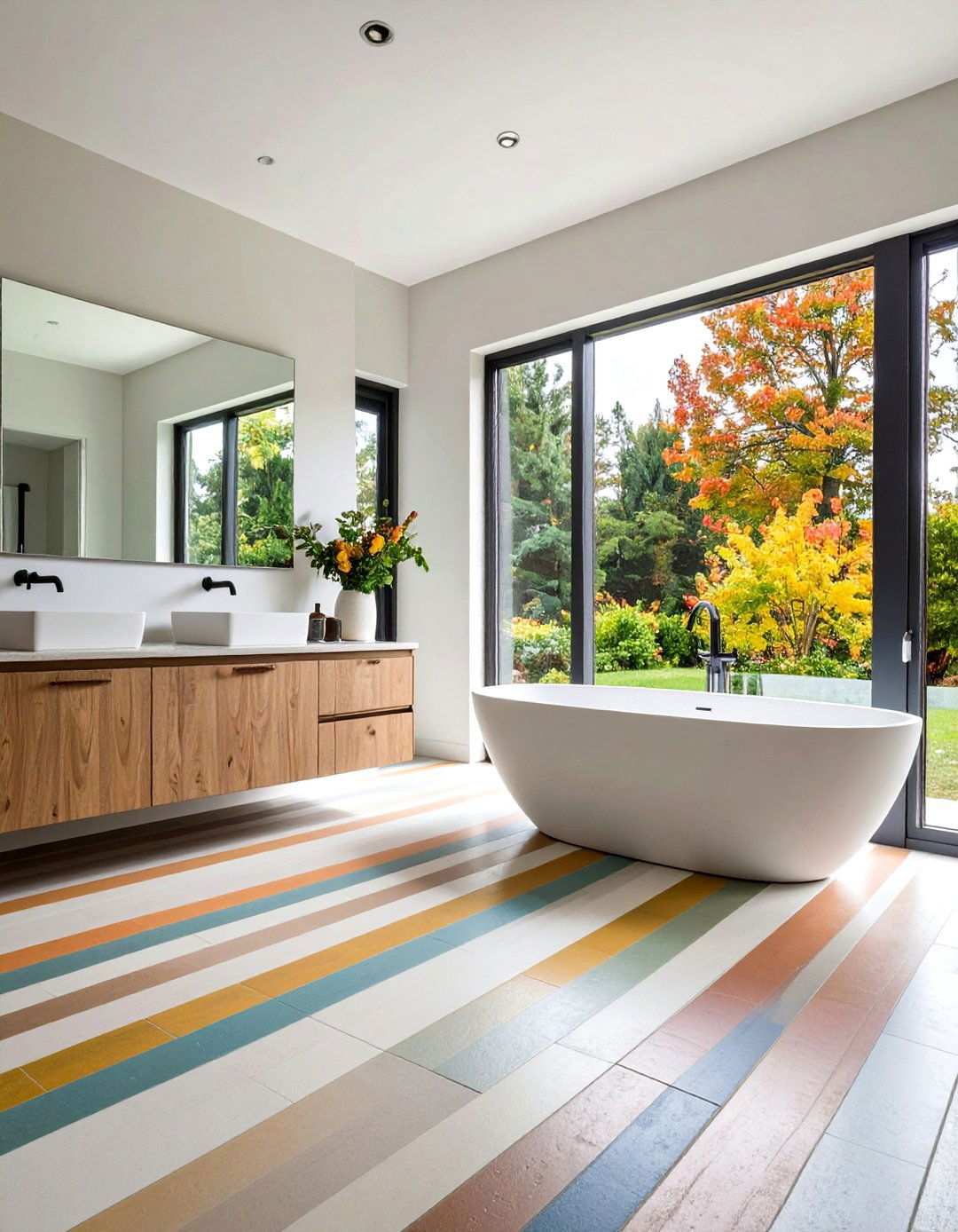 Diagonal Racing Stripes Across Floor and Wall - 20 Black and White Bathroom Tile Ideas