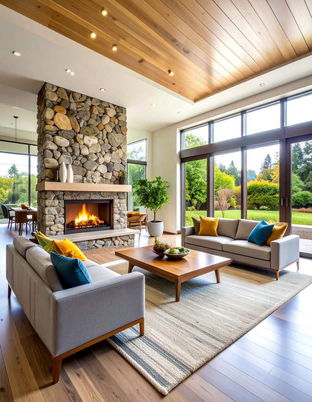 Double Sided River Rock Fireplace Room Divider - 20 River Rock Fireplace Ideas