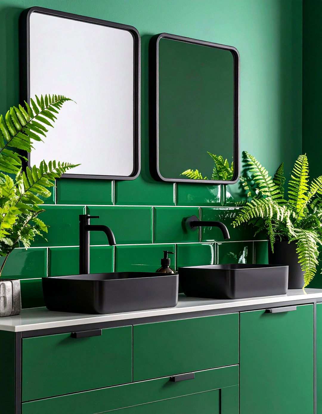 Emerald Subway Tiles and Matte Black Fixtures - 20 Black and Green Bathroom Ideas