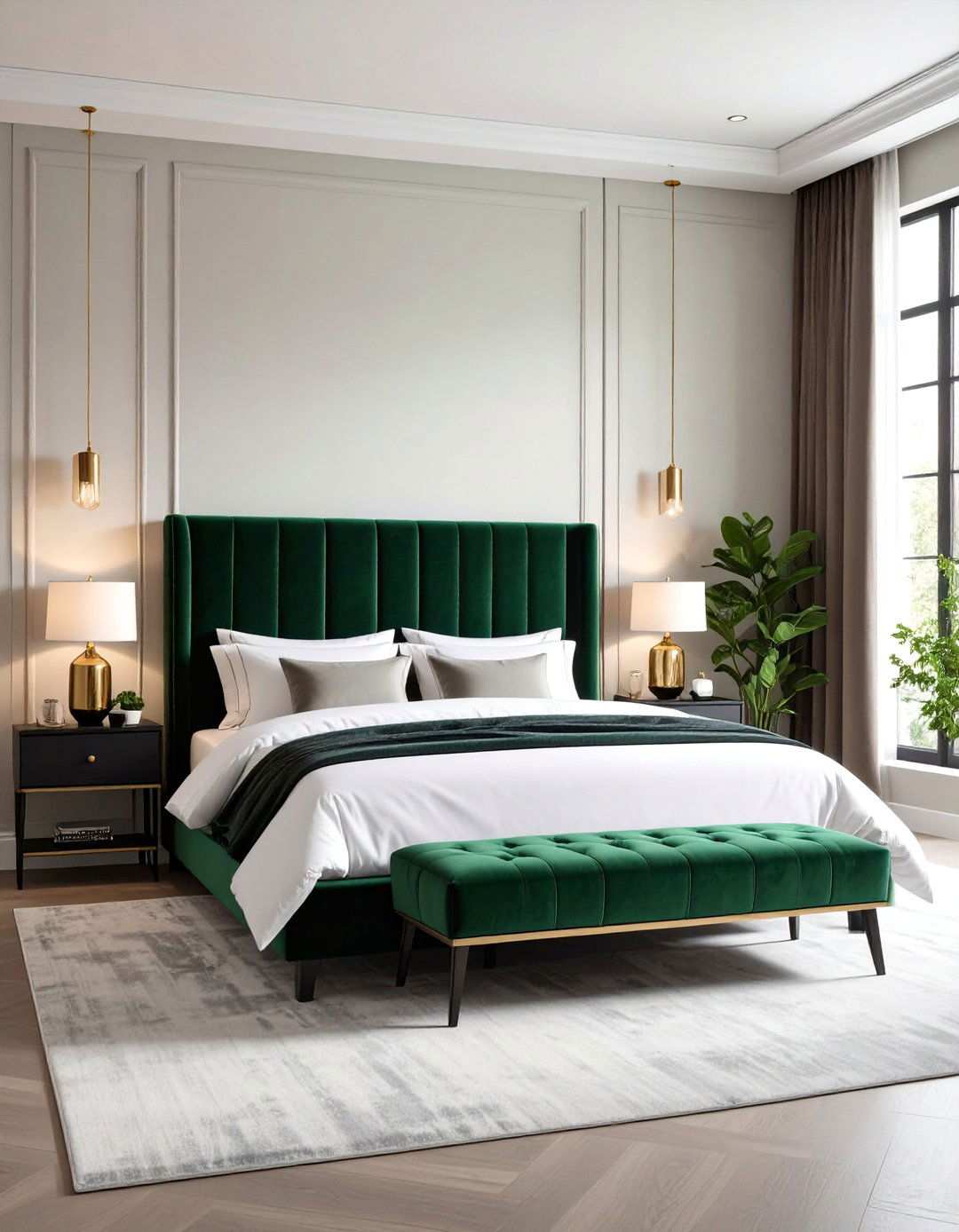 Emerald Velvet Headboard Elevation - 20 Black and Green Bedroom Design Ideas