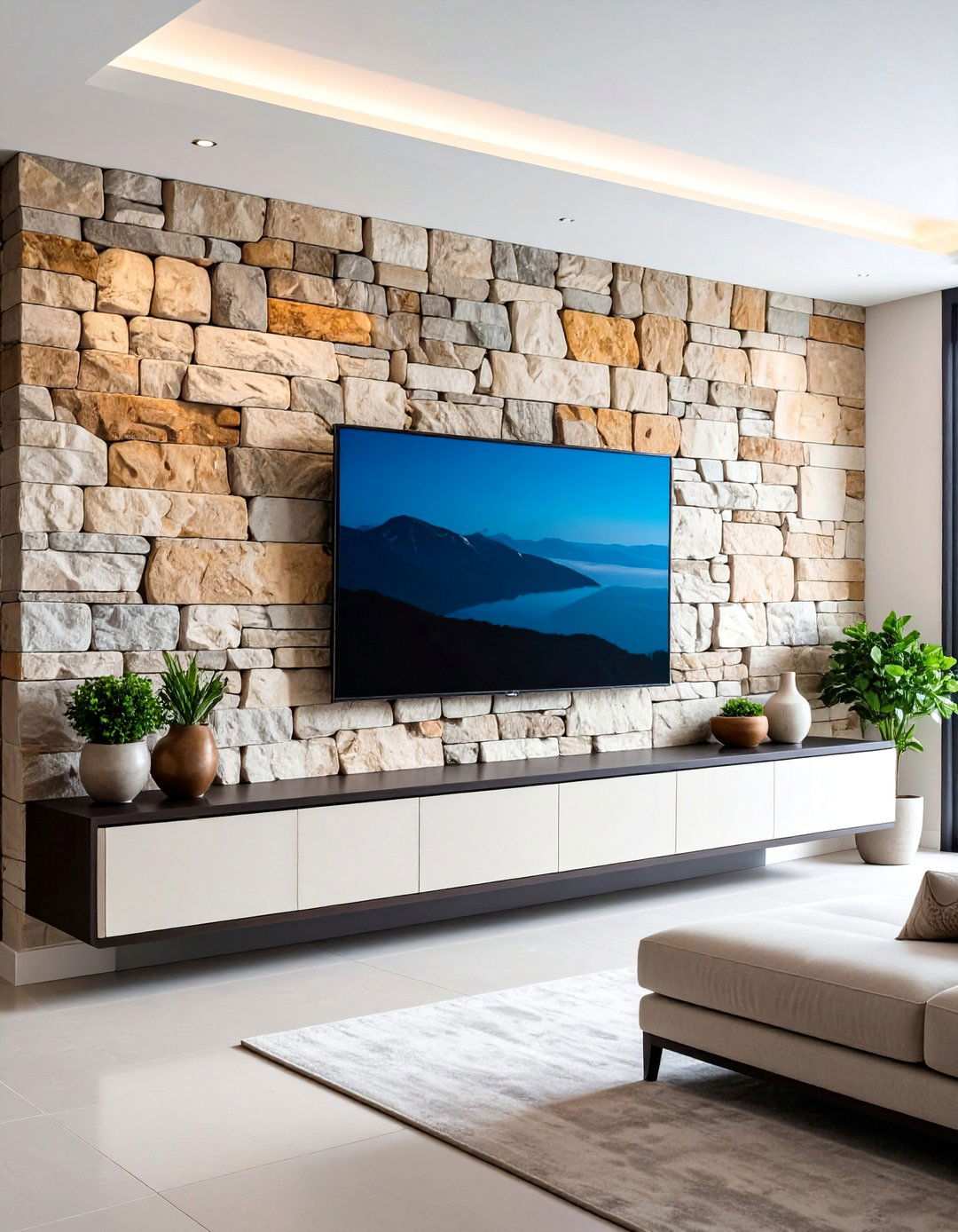 Faux Stone Veneer Basement Accent Wall Creates Lodge Appeal - 20 Basement Accent Wall Ideas