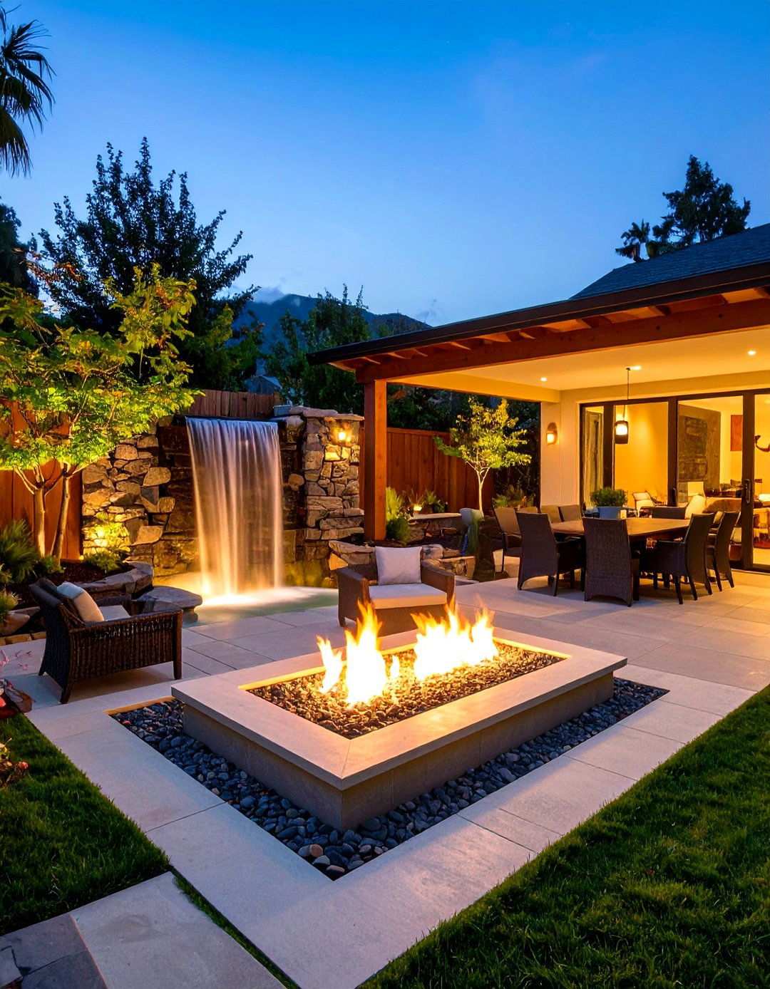 Fire and Water Combination Feature - 20 Backyard Waterfall Ideas