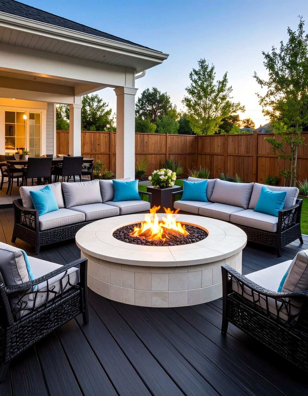 Fire Pit Lounge on Dark Boards - 20 Black Deck Ideas