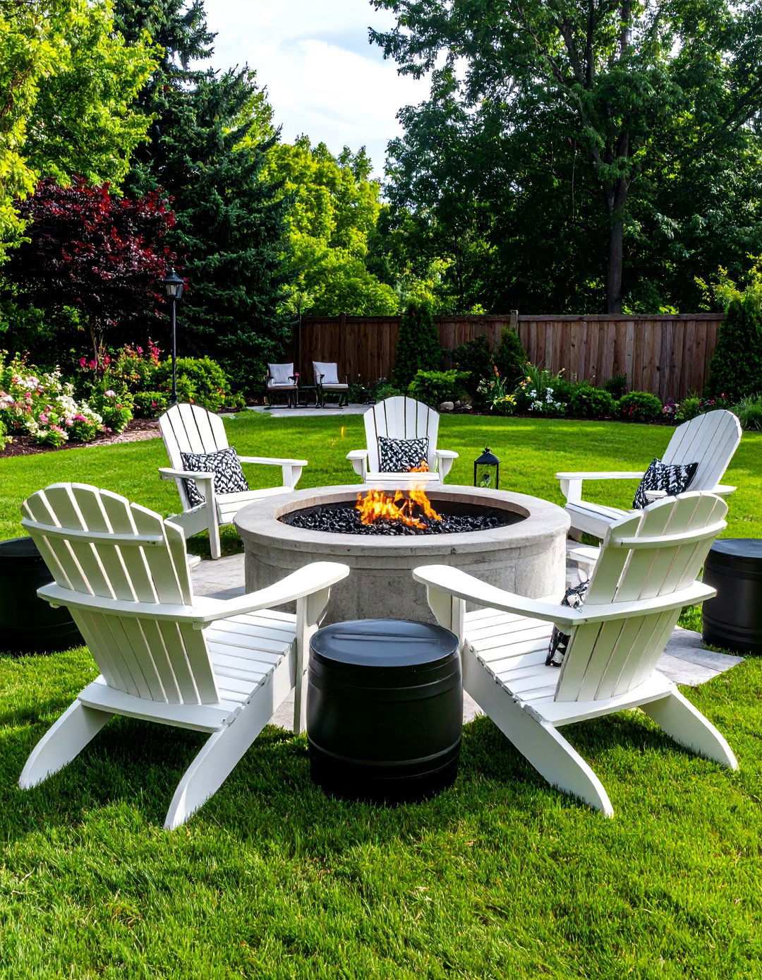 Fire Pit Lounge With Monochrome Cushions - 20 Black and White Patio Ideas
