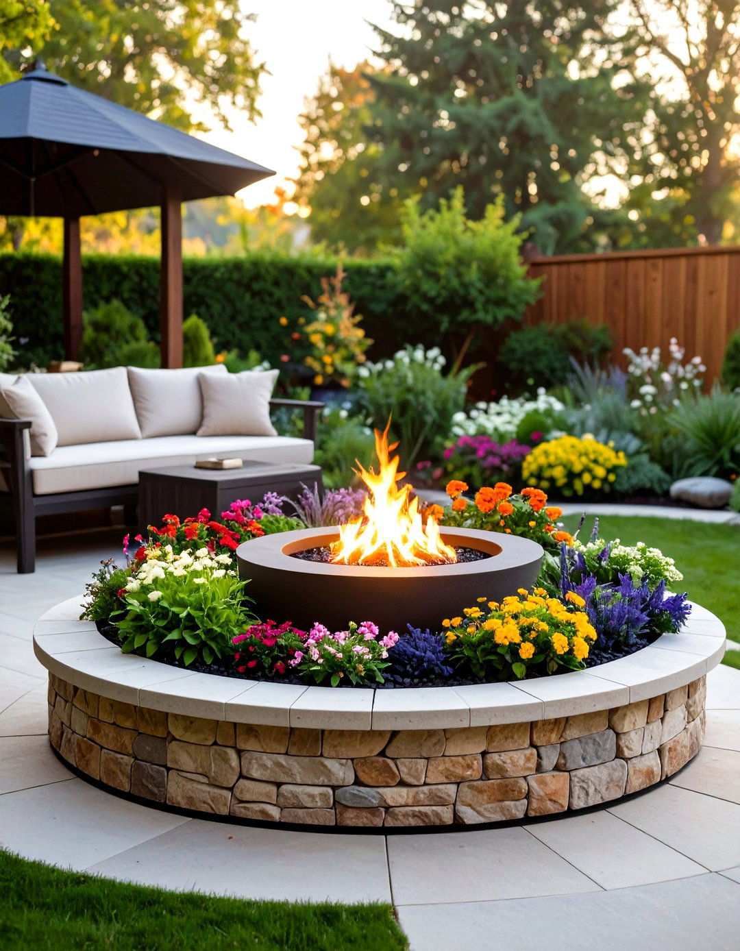 Fire Pit with Seasonal Container Gardens - 20 Backyard Fire Pit Ideas Landscaping