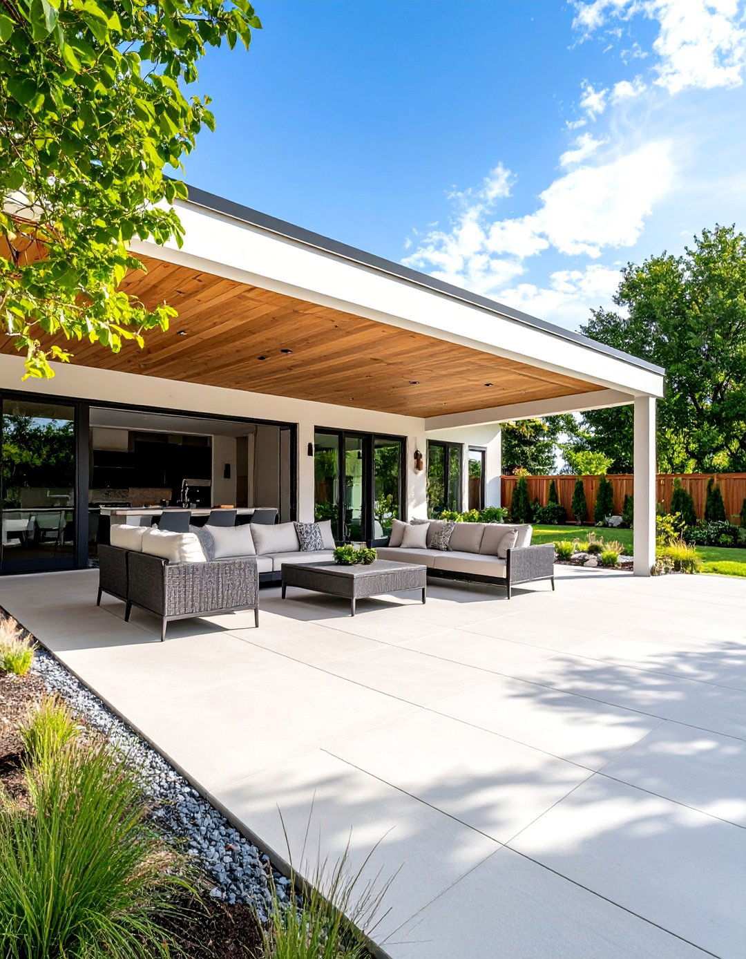 Flat Roof Attached Covered Patio with Modern Aesthetics - 20 Attached Covered Patio Ideas