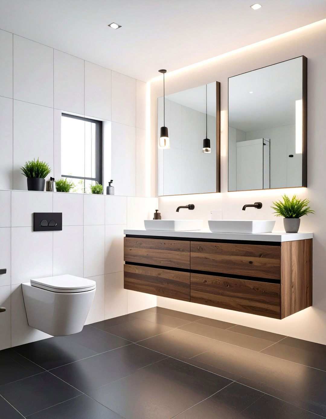 Floating Fixtures in a Black Floor Bathroom Keep Lines Clean - 20 Black Floor Bathroom With White Walls Ideas