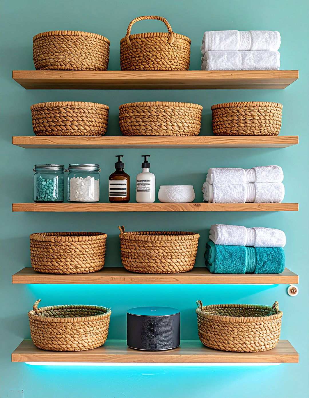 Floating Shelf Bathroom Organization with Baskets - 20 Bathroom Organization Ideas