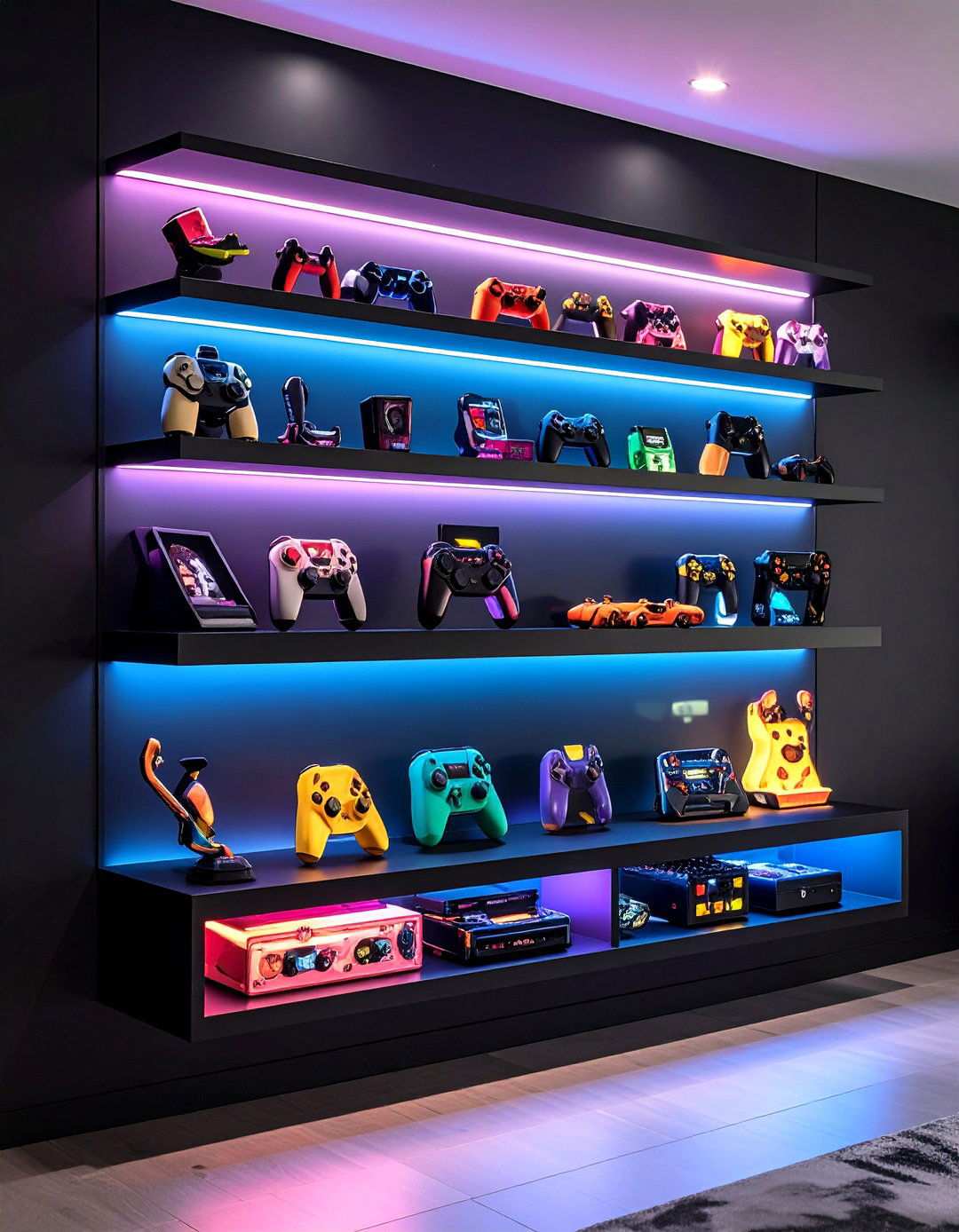 Floating Shelves with Underglow Showcase Gear in a Black Gaming Room - 20 Black Gaming Room Ideas