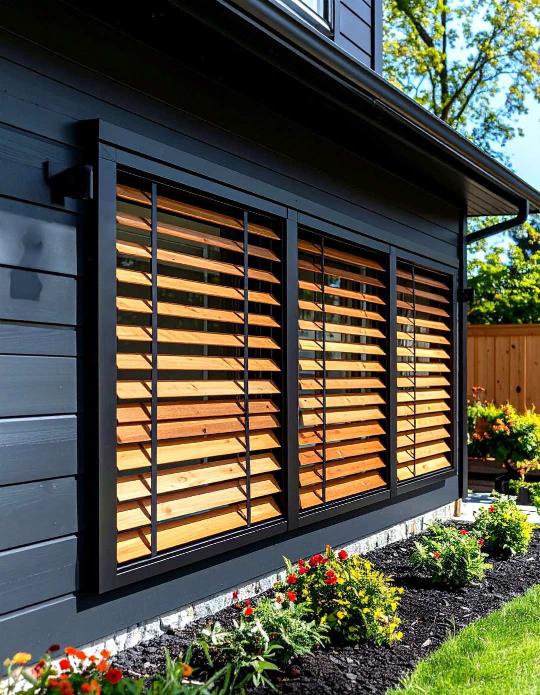 Floating Wood Slat Privacy Screens for Black Houses - 20 Black House With Wood Accents