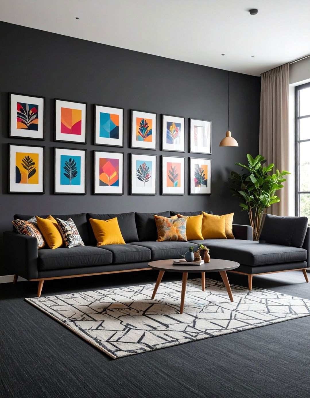 Gallery Wall Showcase Grounded by Black - 20 Black Carpet Living Room Ideas
