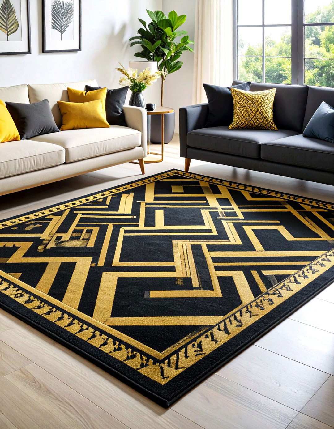 Geometric Rug Grounding the Living Room - 20 Black and Gold Living Room Ideas