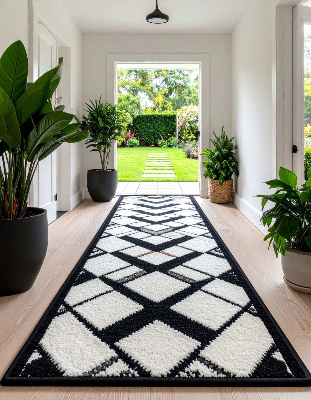 Geometric Runner Guides the Path - 20 Black and White Entryway Design Ideas