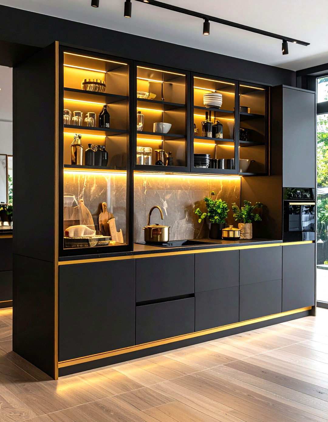 Glass Front Cabinets Framed in Gold Trim - 20 Black and Gold Kitchen Ideas