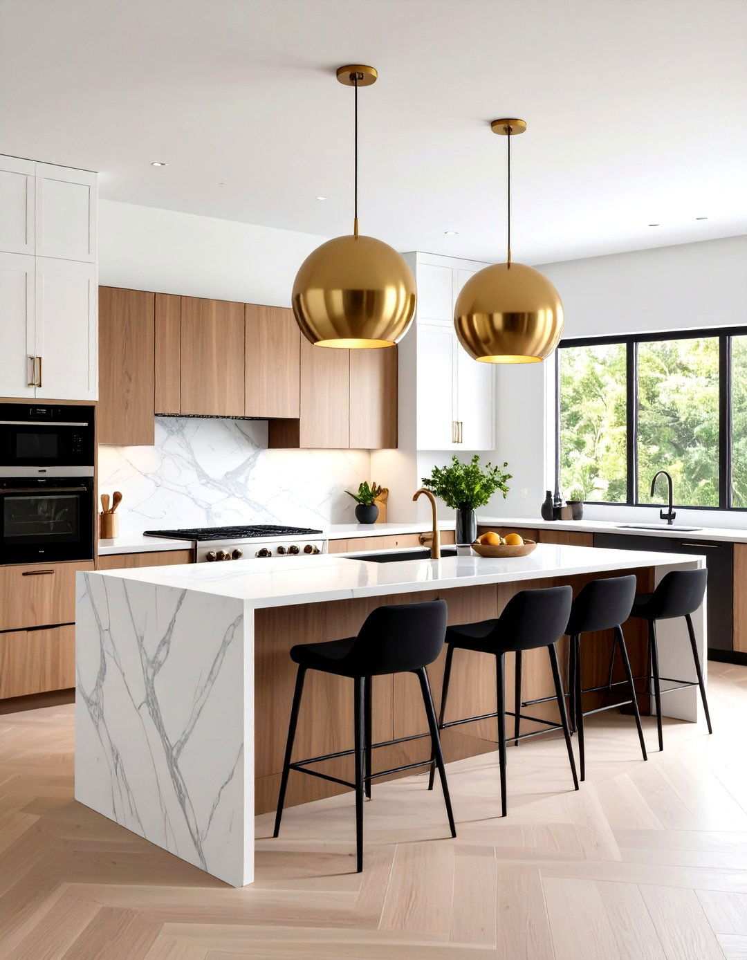 Globe Brass Pendants Add Sculptural Glow - 20 Black and White Kitchen Ideas