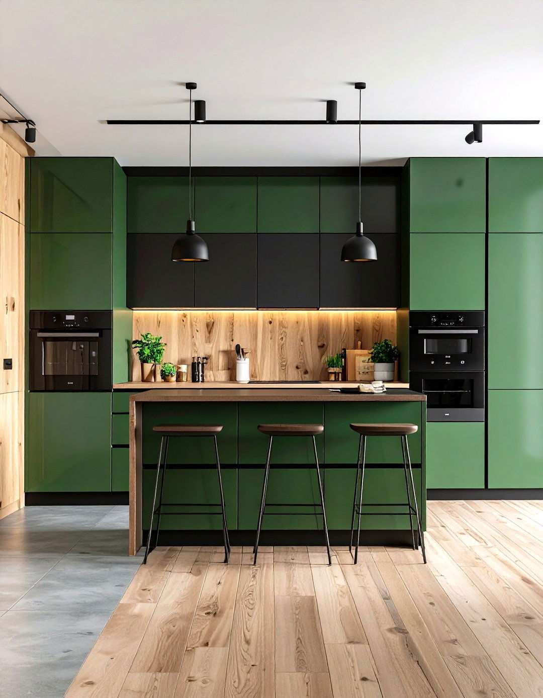 Glossy Black Appliance Kitchen Paired with Bottle Green Larder - 20 Black and Green Kitchen Ideas