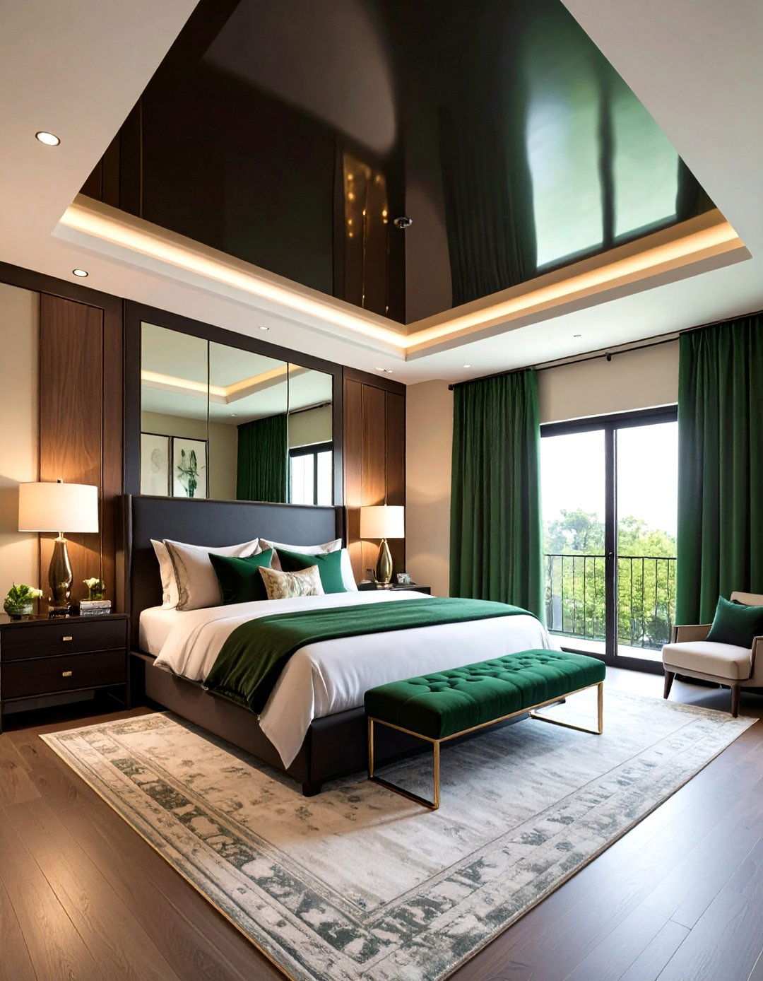 Glossy Black Ceiling Mirror - 20 Black and Green Bedroom Design Ideas
