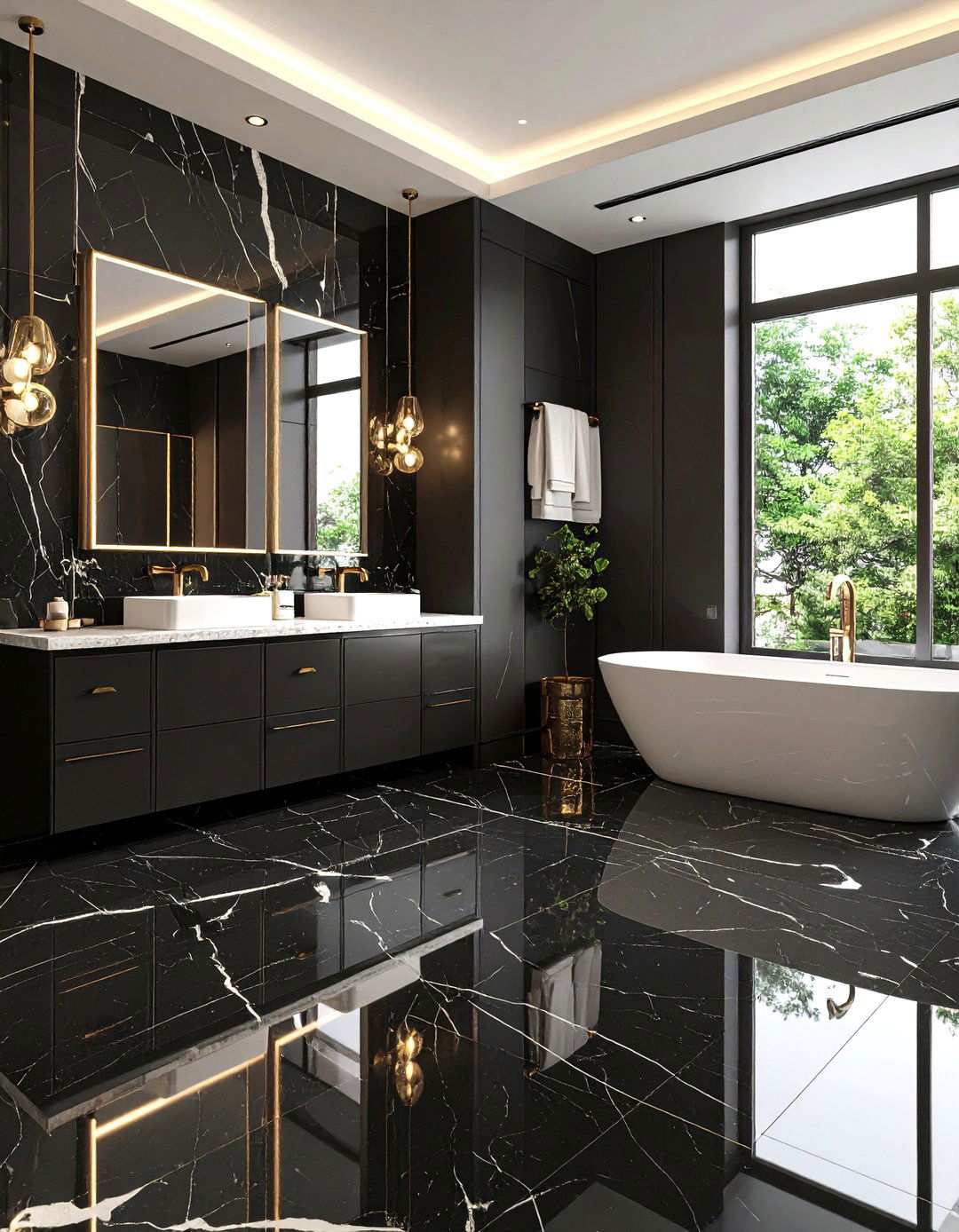Glossy Black Marble for Luxe Reflection - 20 Black Floor Bathroom Ideas