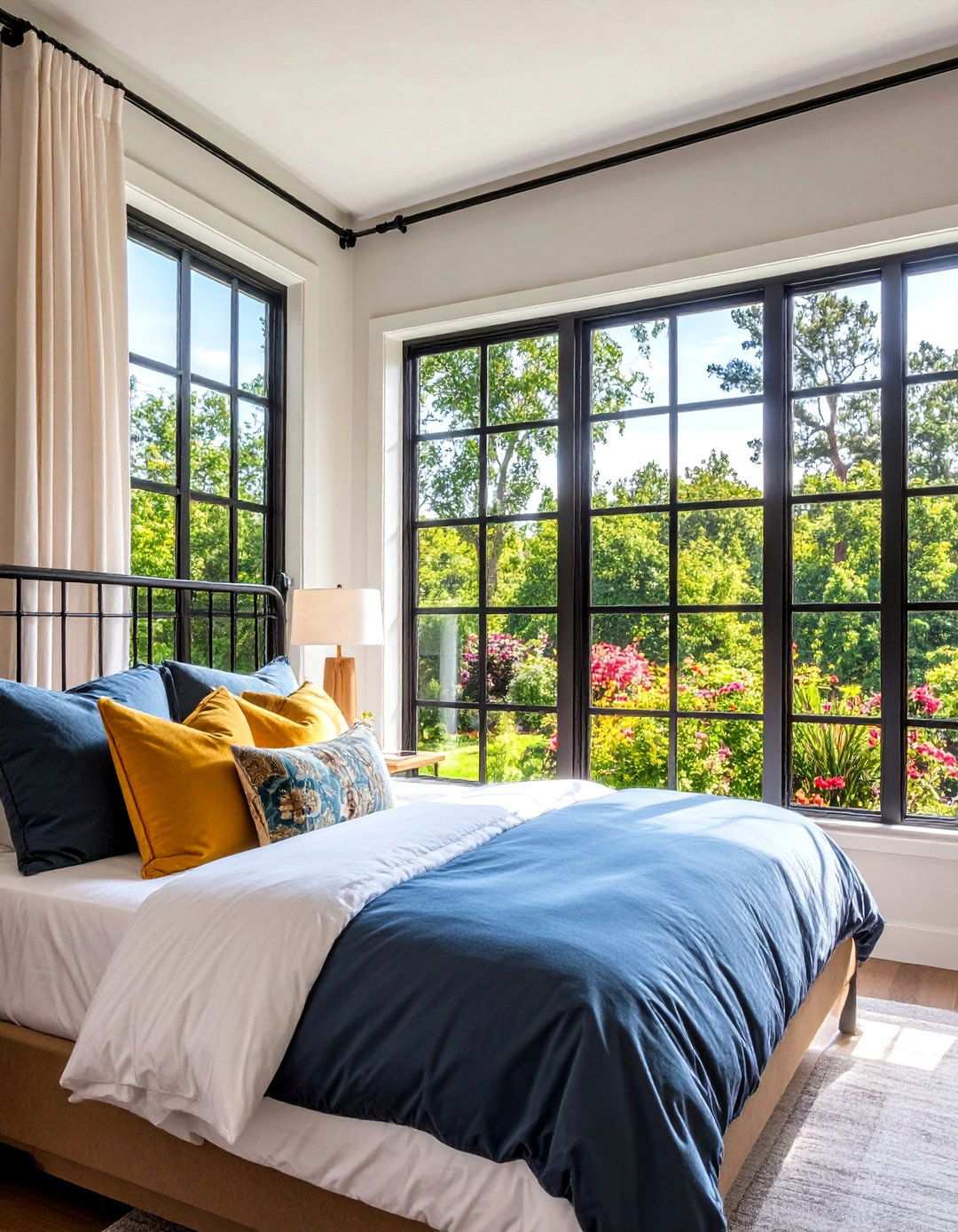 Go Bold with Black Steel Window Grids - 20 Bedroom Window Ideas