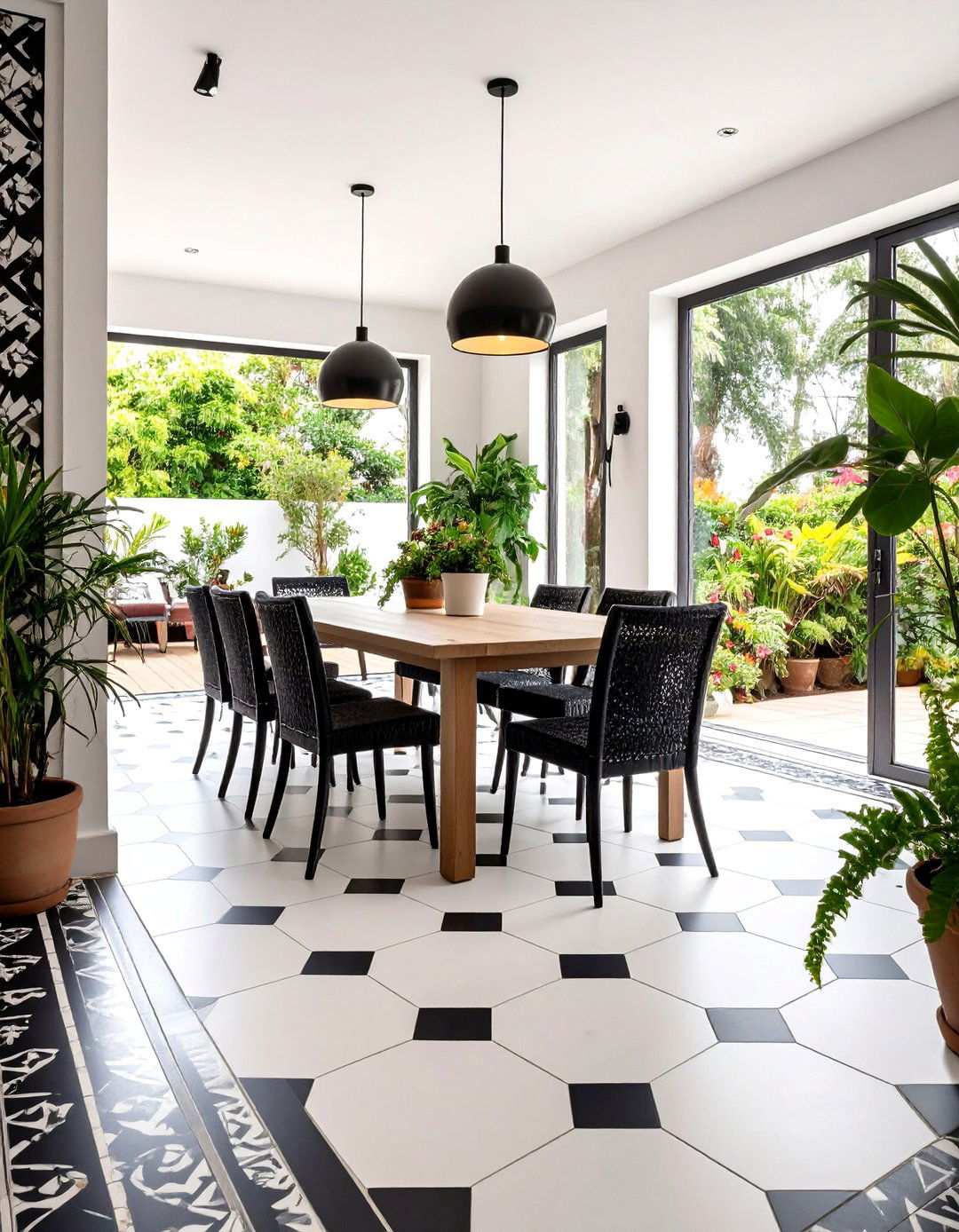 Graphic Encaustic Tile Statement - 20 Black and White Patio Ideas