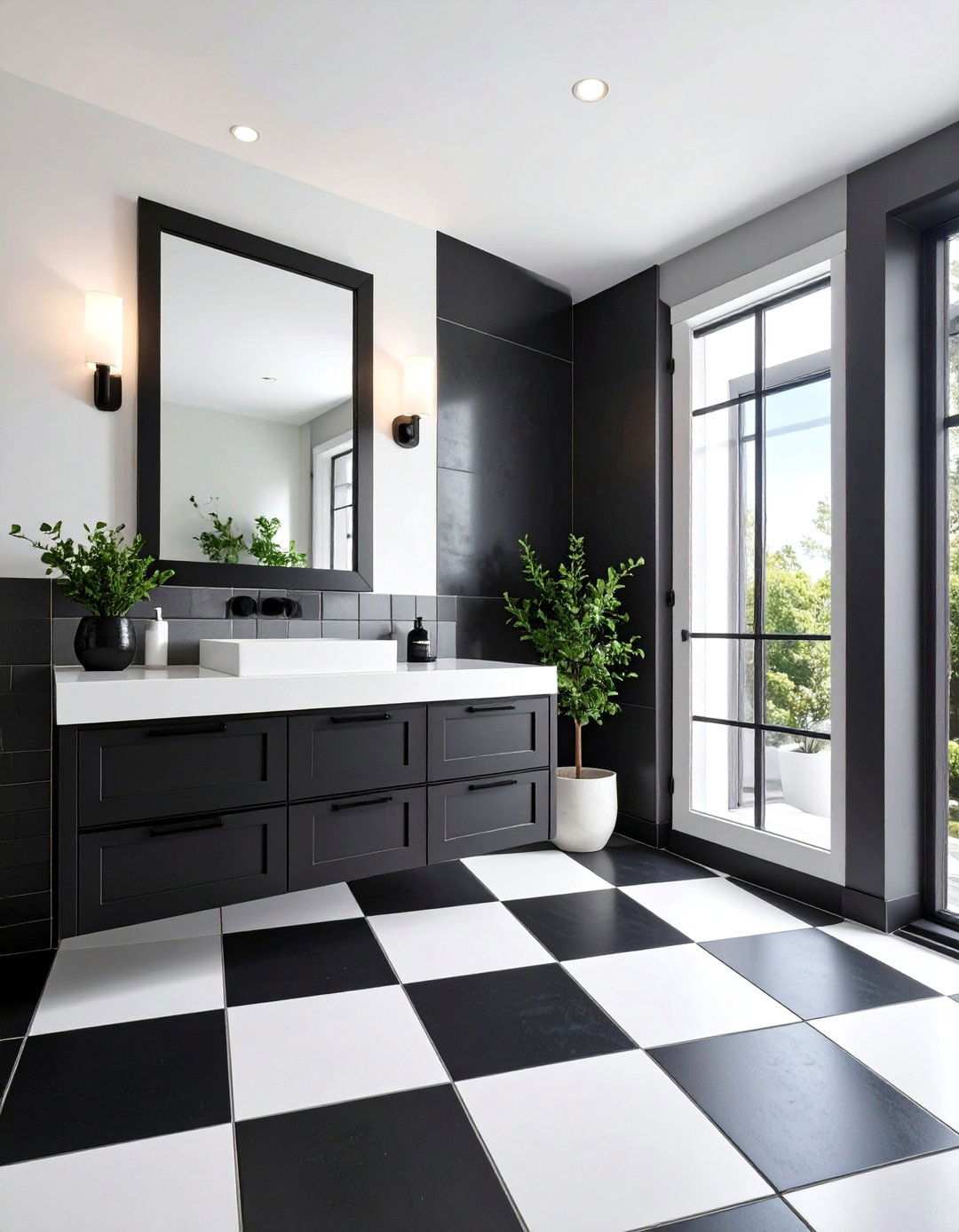 Graphic Monochrome Tile Play - 20 Black Bathroom Ideas