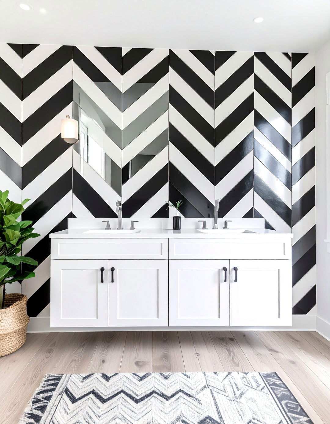 Graphic Wallpaper as a Monochrome Accent Wall - 20 Black and White Bathroom Ideas